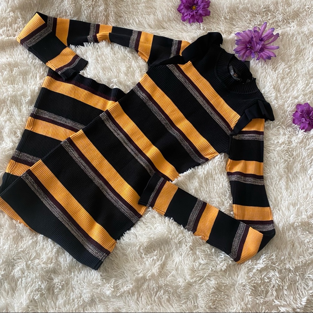 Scotch & Soda Black Yellow Multi Stripe Ribbed Knit Women Midi Sweater Dress - Picture 3 of 6